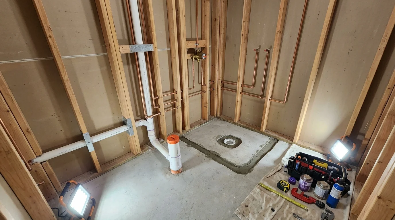 Bathroom rough-in plumbing during remodel by Johns Plumbing LLC in Blooming Prairie