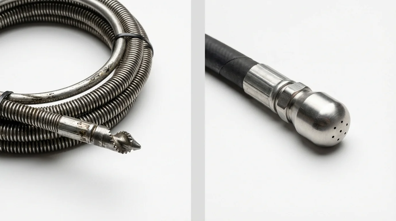 Drain snake cable and hydro jetting nozzle used for drain cleaning in Blooming Prairie, MN