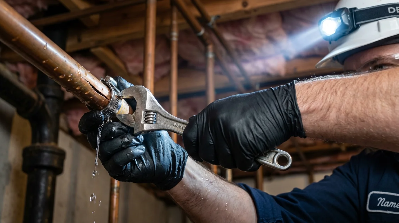 Emergency pipe clamp repair being performed by a Johns Plumbing LLC plumber in Blooming Prairie