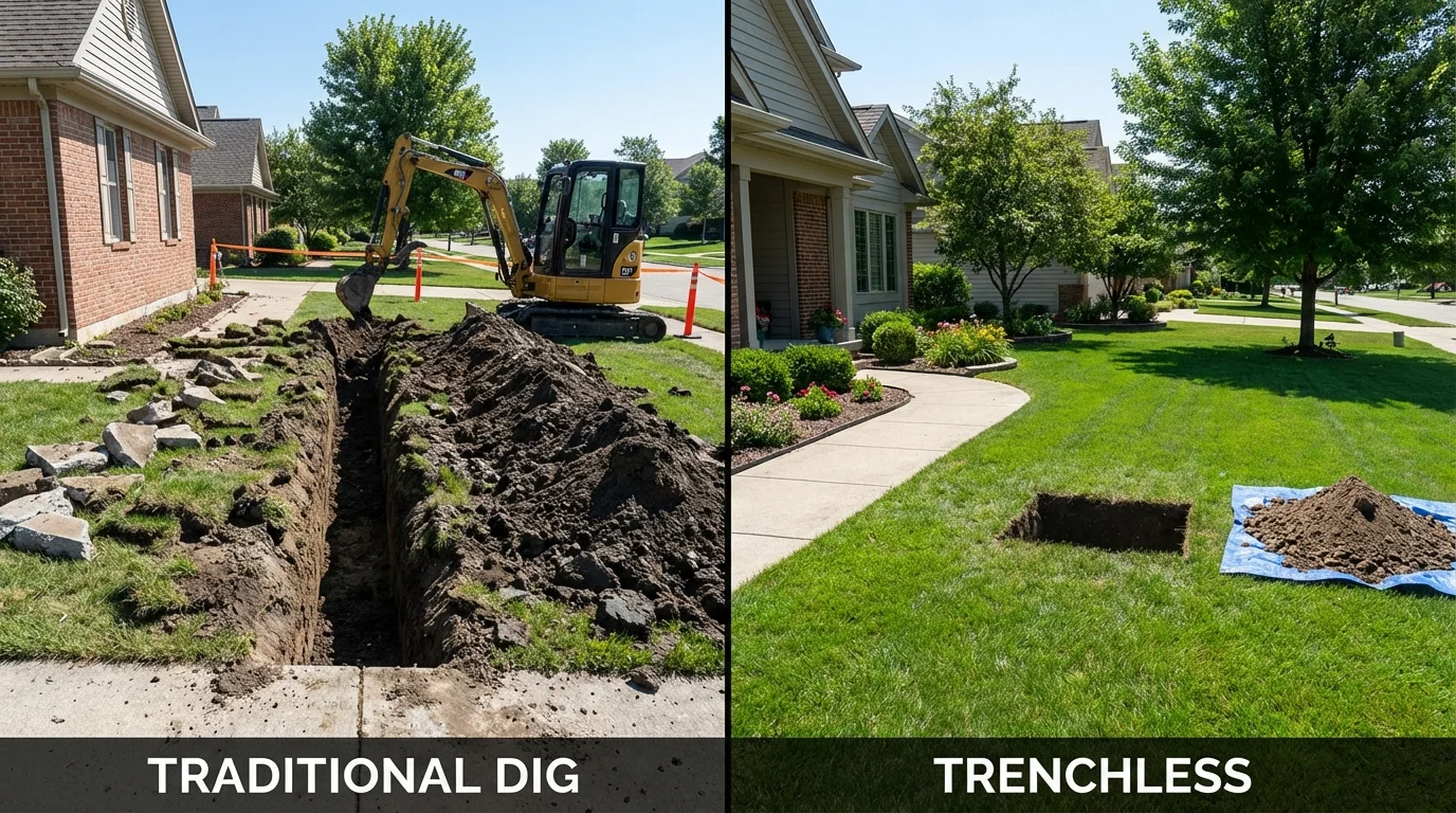 Trenchless sewer repair with minimal yard damage versus traditional excavation in Blooming Prairie, MN