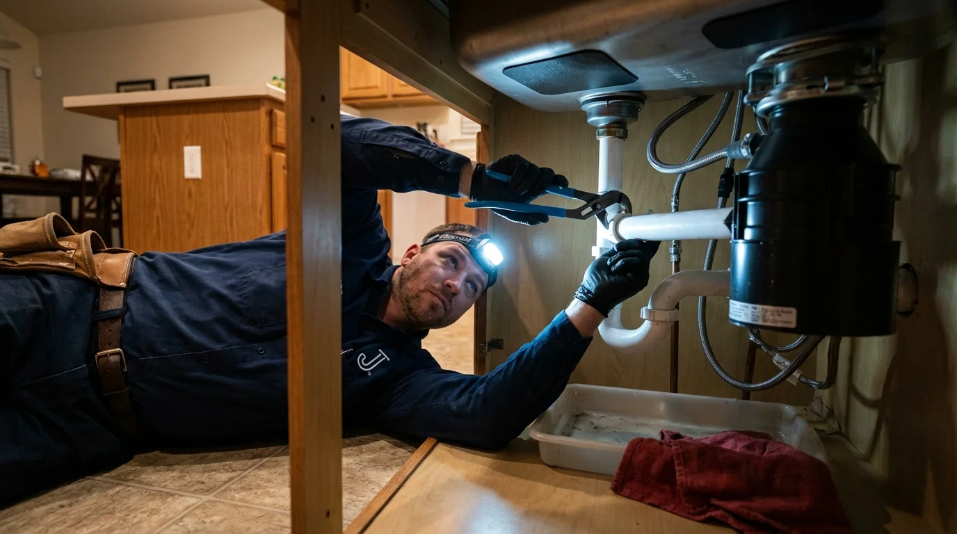 P-trap and supply line connections under a kitchen sink showing a common leak point in Blooming Prairie, MN